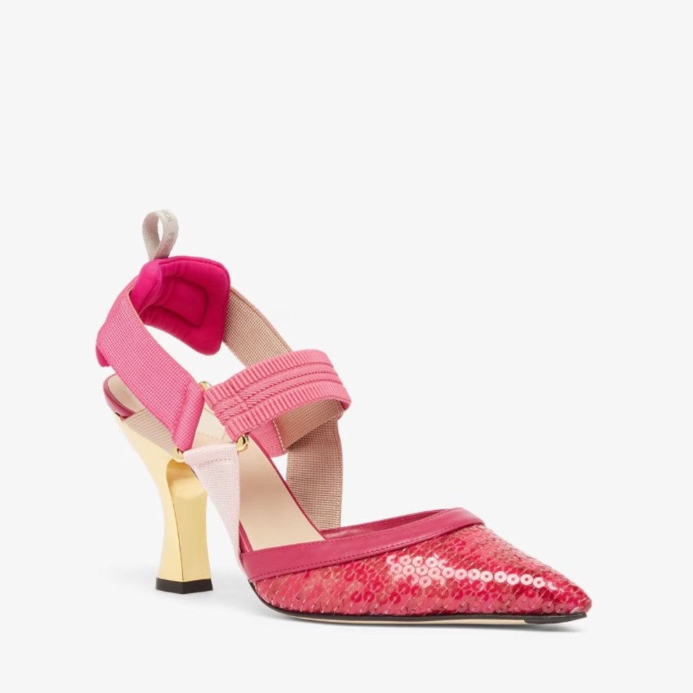 Fendi BNIB Colibri 85MM Sequinned Slingbacks Pink mesh high-heeled slingbacks